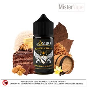 Don Juan Aldonza by Kings Crest y Bombo Nic Salt Mezcla decadente de nuez, chocolate y caramelo para un vapeo delicioso.