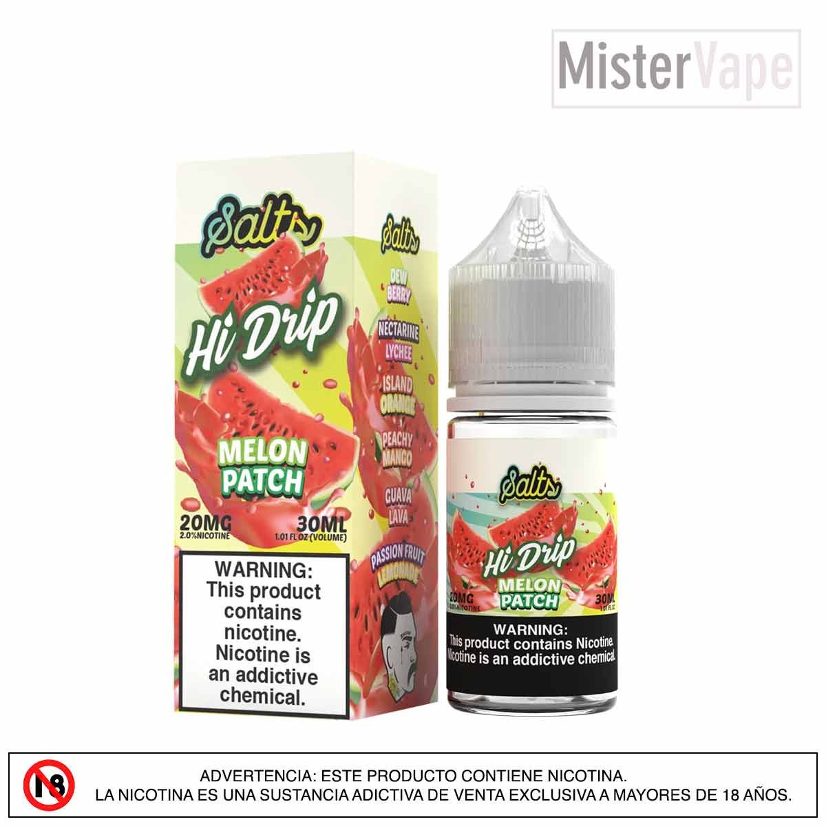 Melon Patch by Hi Drip Salt Sabor refrescante de melón con sal de nicotina, ideal para un vapeo afrutado y dulce.