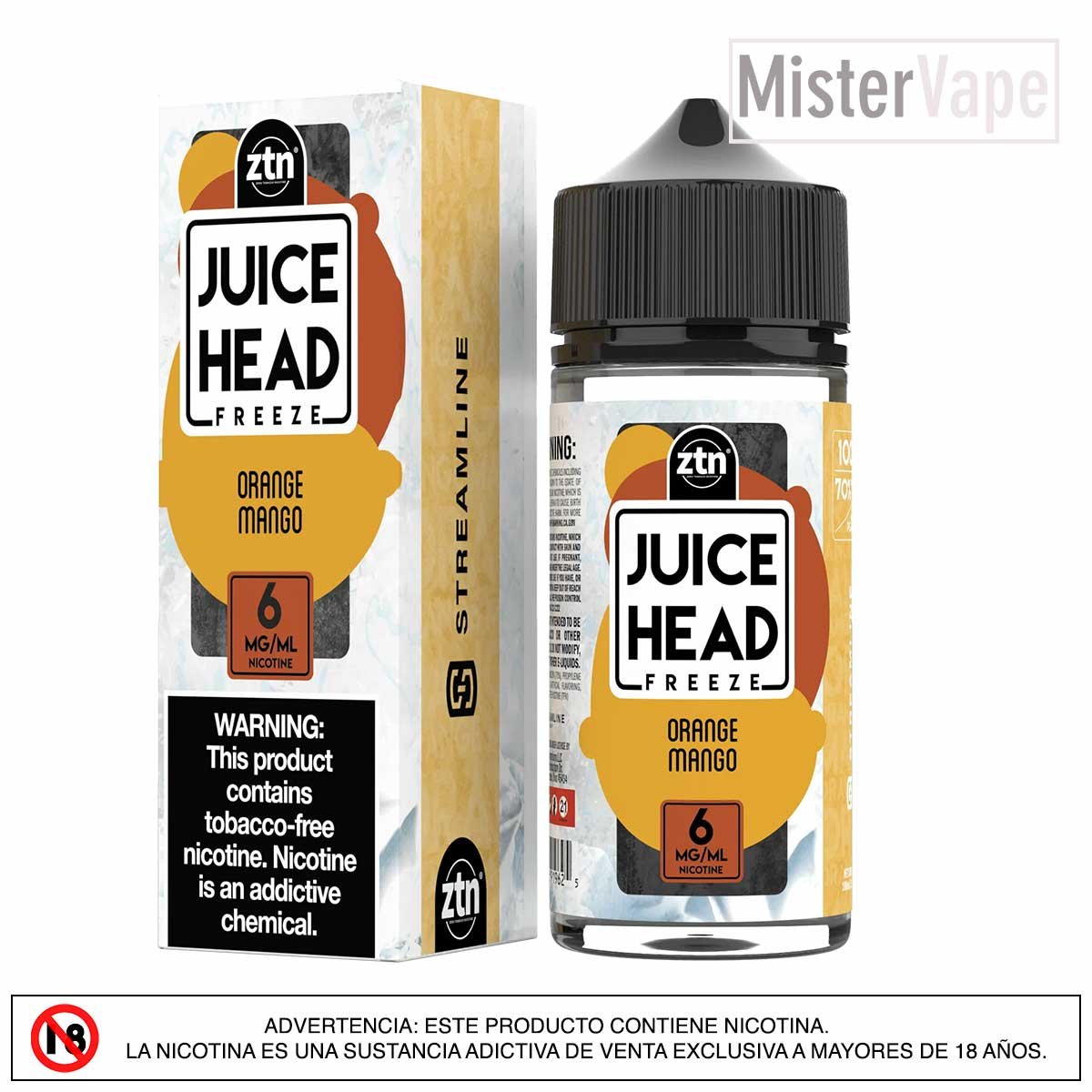 Orange Mango Freeze by Juice Head Combinación de naranja y mango con un toque congelado ideal para un vapeo tropical y fresco.